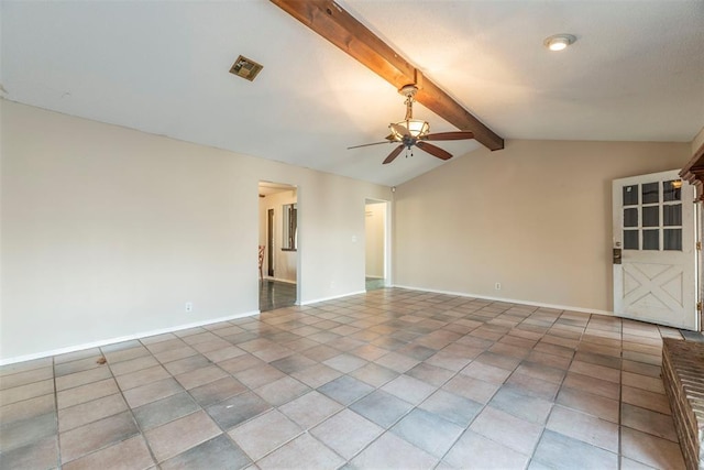 empty room with vaulted ceiling with beams, light tile patterned floors, and ceiling fan