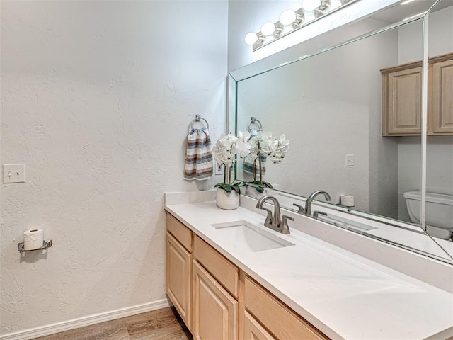 bathroom with wood-type flooring, vanity, and toilet