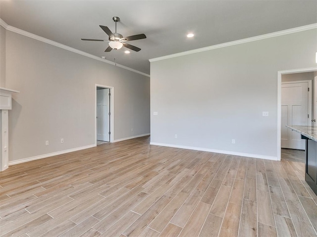 unfurnished living room featuring light wood-type flooring, ceiling fan, and ornamental molding