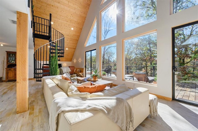 living room featuring wood ceiling, a healthy amount of sunlight, high vaulted ceiling, and light hardwood / wood-style floors