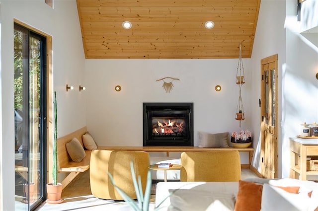 interior space featuring high vaulted ceiling and wooden ceiling