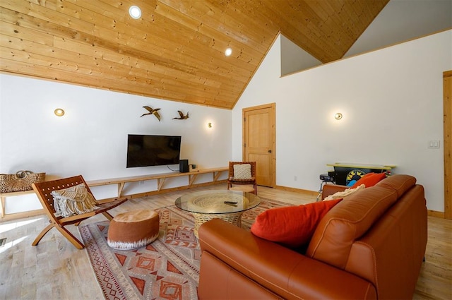 living room with light wood-type flooring, high vaulted ceiling, and wooden ceiling