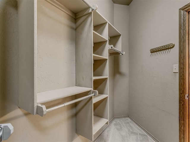 walk in closet with light colored carpet