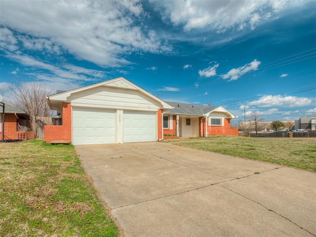 ranch-style house with a front yard and a garage