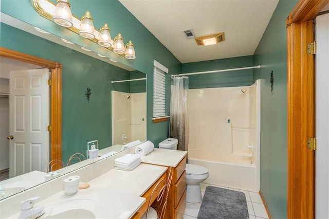 full bathroom featuring tile patterned floors, vanity, shower / bathtub combination with curtain, and toilet