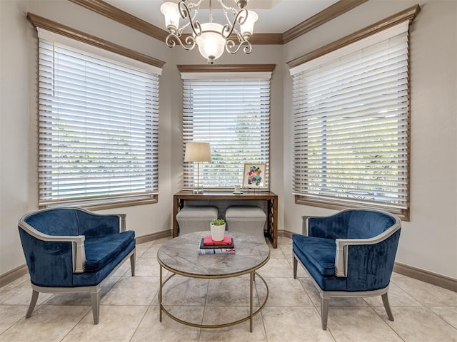 living area featuring a notable chandelier, light tile patterned flooring, and ornamental molding