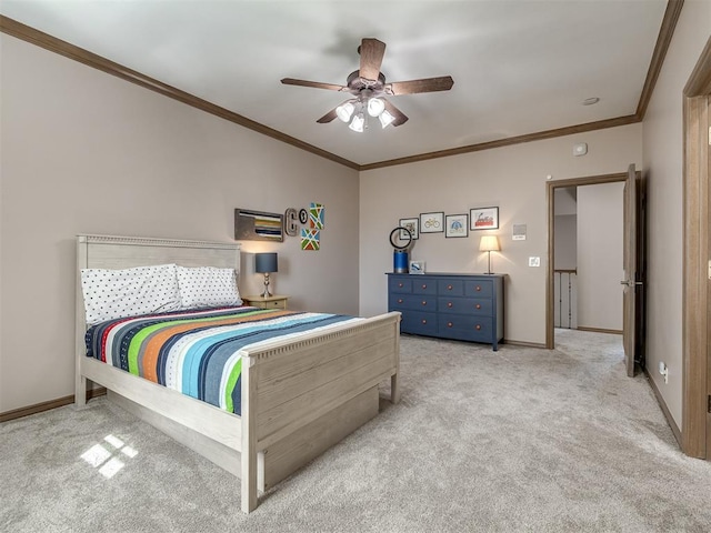 bedroom featuring light colored carpet, ceiling fan, and ornamental molding