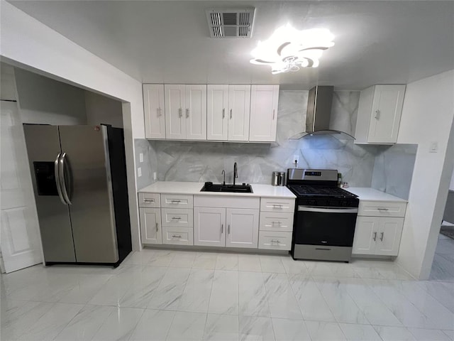 kitchen featuring backsplash, wall chimney range hood, sink, white cabinetry, and stainless steel appliances