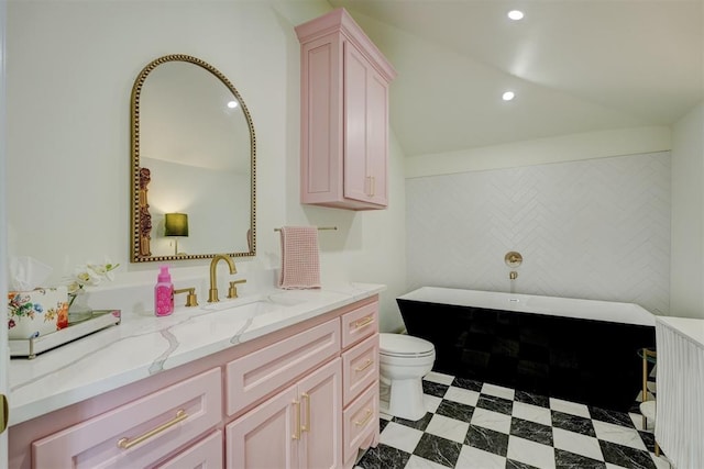 bathroom with vanity, toilet, and a bathing tub