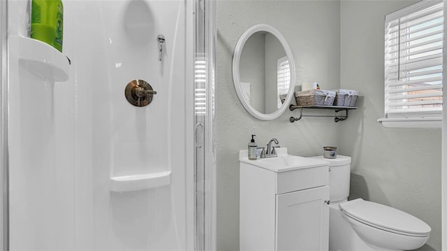 bathroom featuring a shower, vanity, and toilet