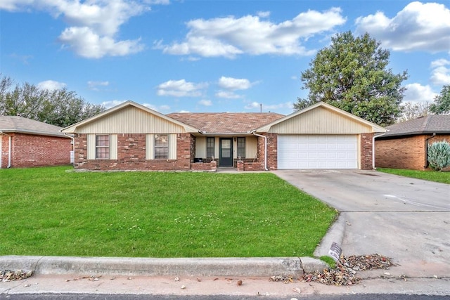 ranch-style house featuring a garage and a front lawn