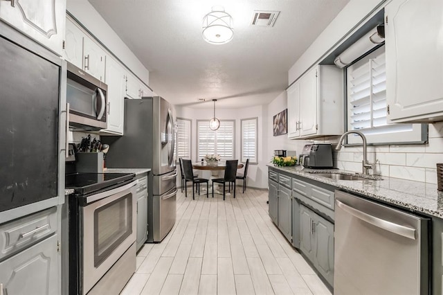 kitchen featuring pendant lighting, sink, white cabinets, backsplash, and stainless steel appliances