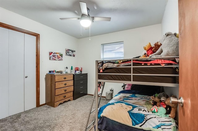 bedroom with ceiling fan and carpet