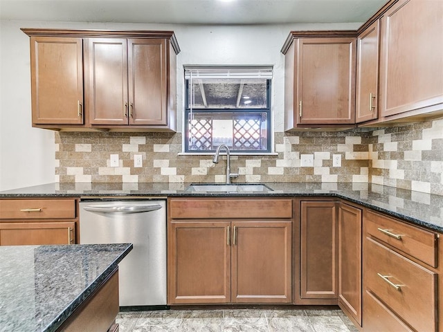 kitchen with stainless steel dishwasher, decorative backsplash, dark stone countertops, and sink