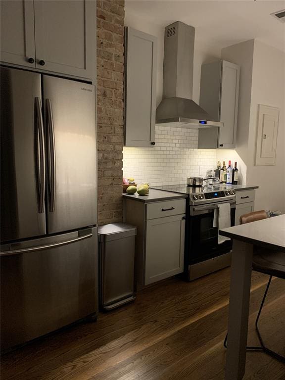 kitchen with backsplash, wall chimney exhaust hood, stainless steel appliances, dark wood-type flooring, and electric panel