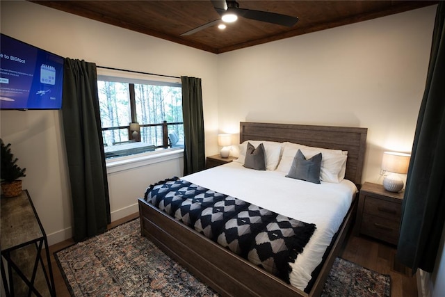 bedroom featuring ceiling fan, dark hardwood / wood-style floors, and wood ceiling