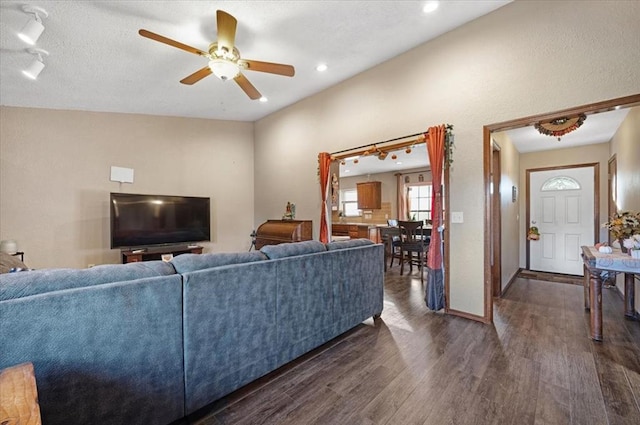 living room featuring ceiling fan and dark hardwood / wood-style floors