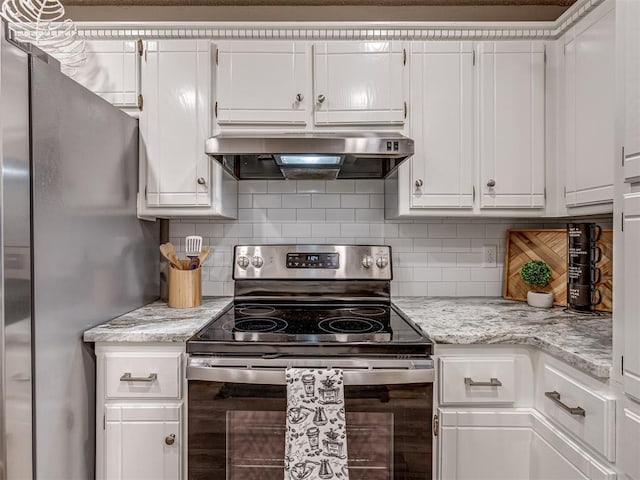 kitchen featuring white cabinetry, stainless steel appliances, light stone counters, ventilation hood, and decorative backsplash