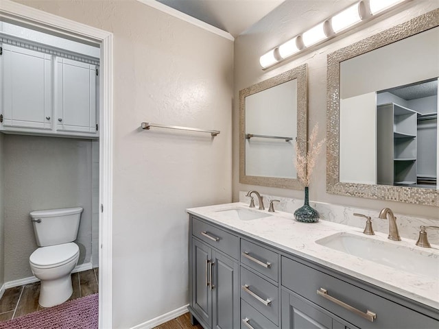 bathroom with hardwood / wood-style floors, vanity, and toilet