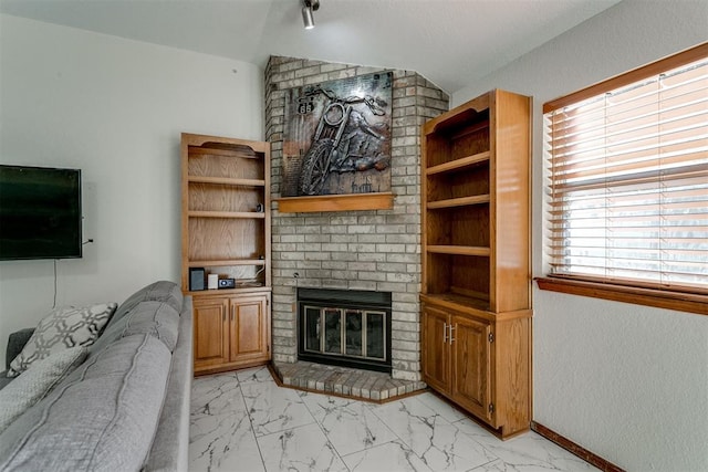 living room with a fireplace