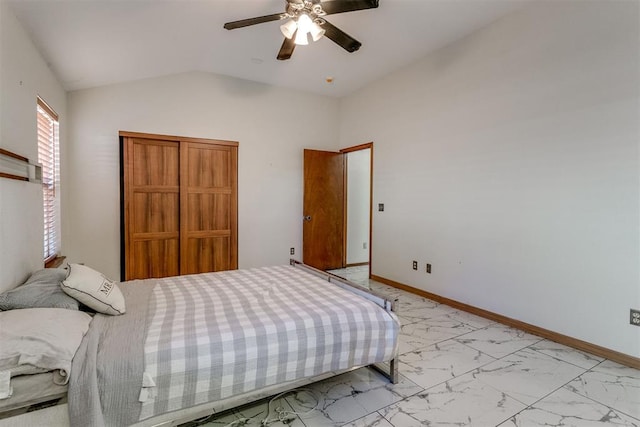 bedroom with vaulted ceiling and ceiling fan