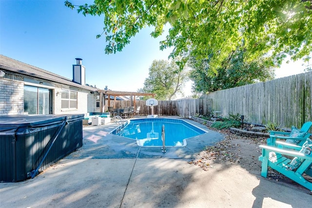 view of swimming pool featuring a pergola, a hot tub, and a patio area