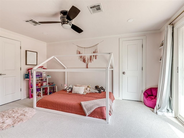 bedroom featuring ceiling fan, crown molding, and light carpet