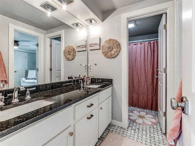 bathroom with vanity, tile patterned floors, and ceiling fan