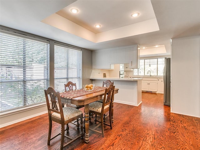 dining area featuring a raised ceiling, dark hardwood / wood-style flooring, and sink