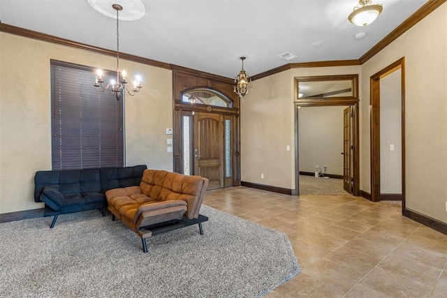 living room featuring crown molding and an inviting chandelier