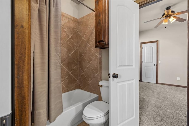 bathroom with ceiling fan, shower / bath combination with curtain, and toilet