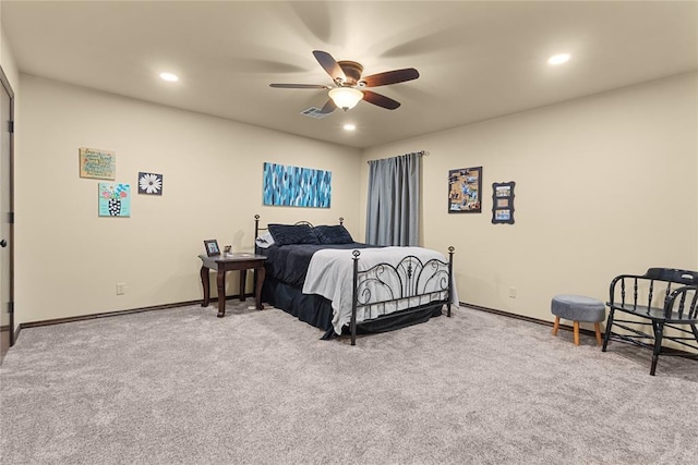 carpeted bedroom featuring ceiling fan