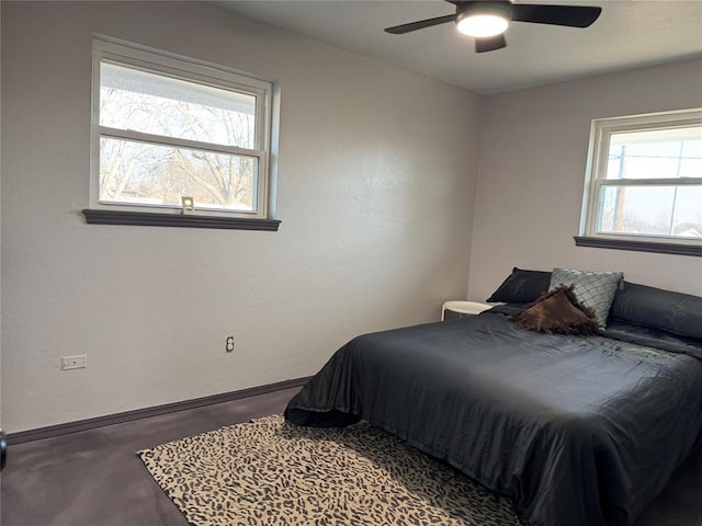 bedroom featuring a ceiling fan and baseboards