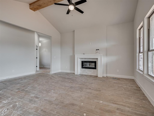 unfurnished living room with vaulted ceiling with beams, light hardwood / wood-style flooring, and ceiling fan