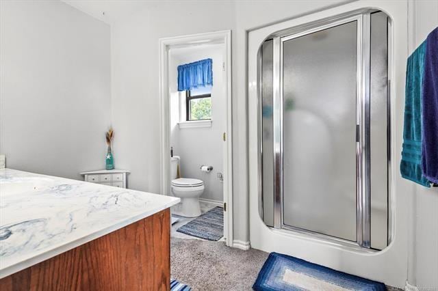 bathroom featuring vanity, toilet, and an enclosed shower