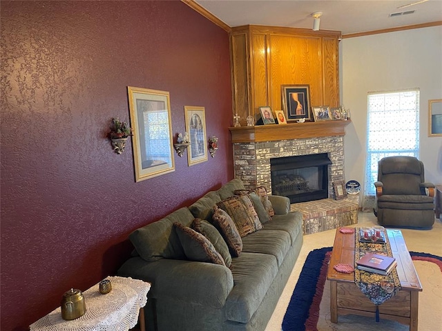 living room featuring a large fireplace and ornamental molding