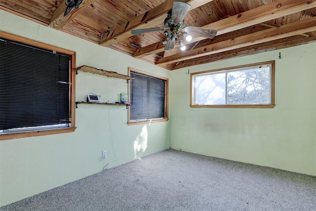 unfurnished room featuring beam ceiling, carpet floors, ceiling fan, and wooden ceiling