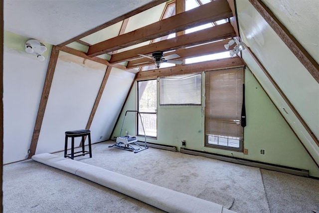 carpeted empty room with vaulted ceiling with beams and ceiling fan