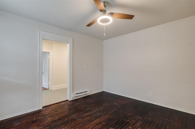 spare room with hardwood / wood-style flooring, baseboard heating, and ceiling fan