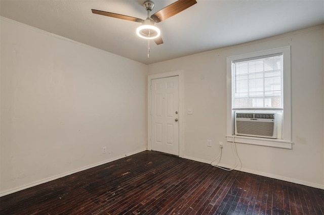 unfurnished room with ceiling fan, cooling unit, crown molding, and dark wood-type flooring