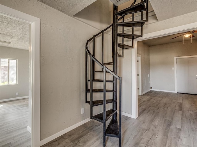 stairs featuring hardwood / wood-style floors and ceiling fan