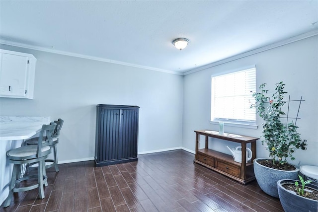 interior space featuring dark hardwood / wood-style flooring and ornamental molding