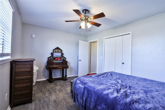 bedroom with a closet, ceiling fan, and dark wood-type flooring