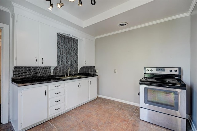 kitchen featuring white cabinetry, electric range, sink, backsplash, and crown molding