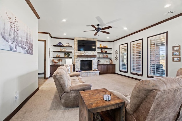 living room featuring a stone fireplace, light colored carpet, and ornamental molding