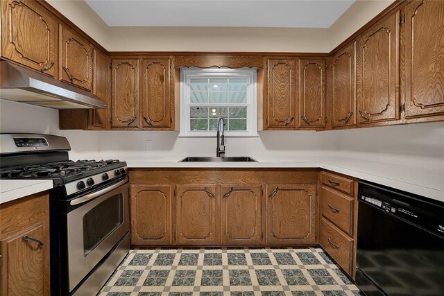 kitchen with sink, stainless steel gas stove, and black dishwasher