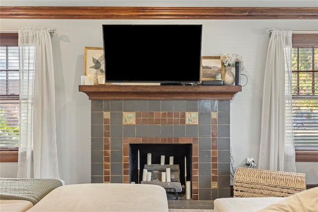 room details with a tiled fireplace