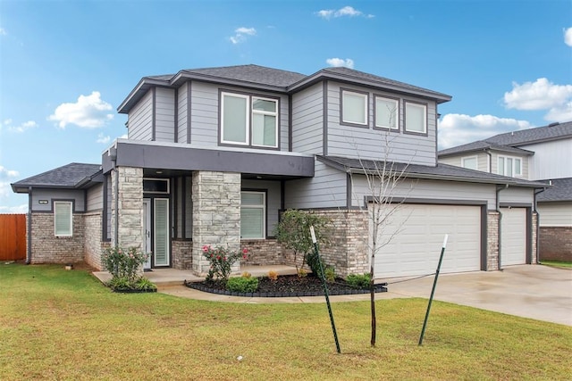 view of front of home featuring a garage, concrete driveway, stone siding, and a front lawn