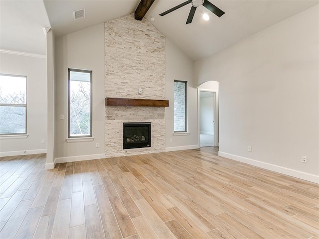 unfurnished living room featuring ceiling fan, a fireplace, high vaulted ceiling, and light wood-type flooring