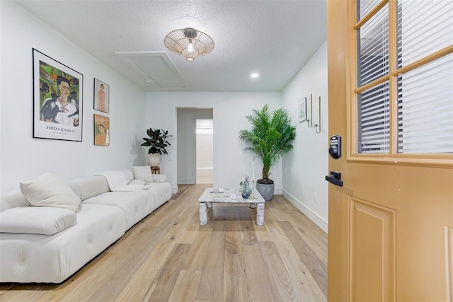 living room with a textured ceiling and light hardwood / wood-style floors